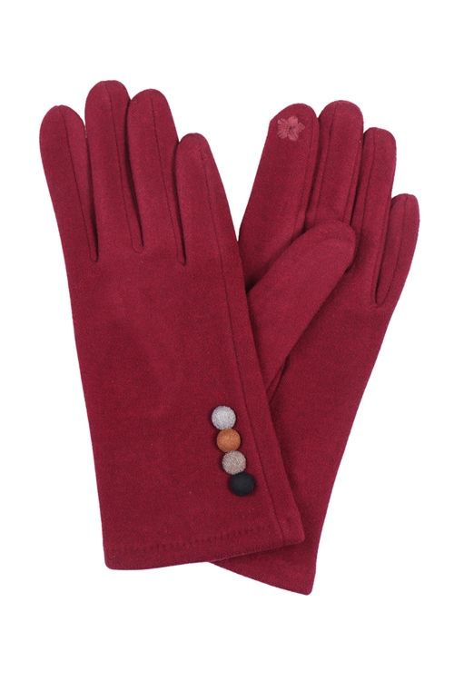 S26-5-4-EAGL3554BU - BUTTON DECO FAUX SUEDE GLOVES SMART TOUCH - BURGUNDY/6PCS