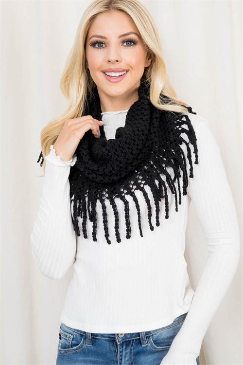 S17-6-5-EANT7352BK - MINI TUBE PATTERN WITH FRINGE SCARF - BLACK/6PCS