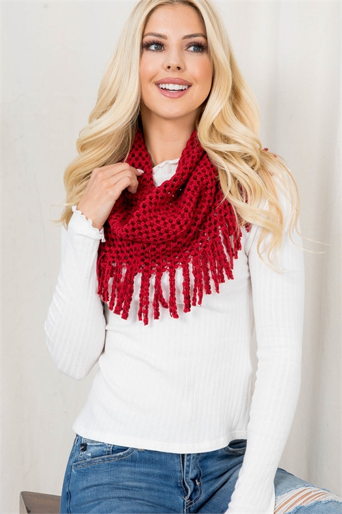 S17-6-5-EANT7352RD - MINI TUBE PATTERN WITH FRINGE SCARF - RED/6PCS