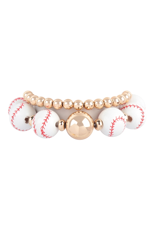 S1-6-4-EB2157RED - GAMEDAY BASEBALL  WOOD BEAD STRETCH BRACELET SET/1PC