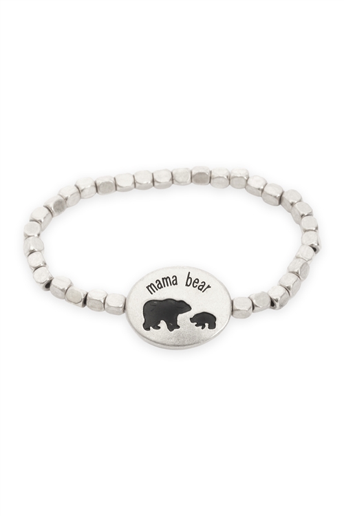 S1-8-3-EB2507WS - METAL NUGGET BEAR ELASTIC OVAL BRACELET-MATTE SILVER/6PCS