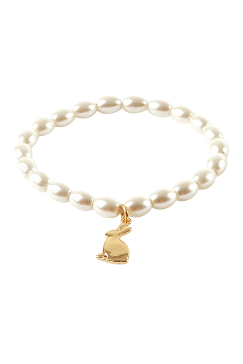 S1-3-4-EB2662GDCRM - GLASS PEARL RABBIT PENDANT METAL ELASTIC BRACELET-GOLD CREAM/6PCS