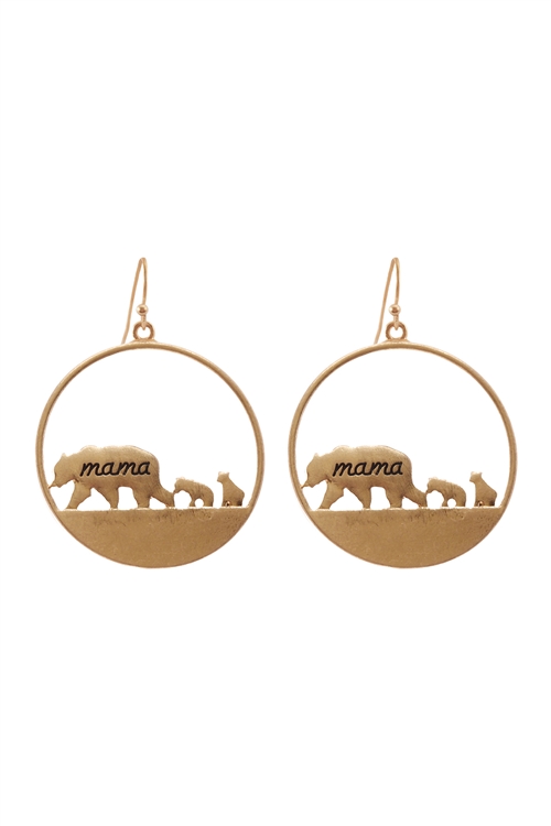 S1-7-3-EE0805WG - "MAMA BEAR"  WITH CUBS HOOK EARRINGS-MATTE GOLD/1PC