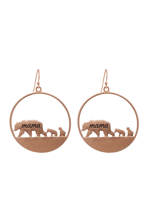 S1-7-3-EE0805WRG - "MAMA BEAR"  WITH CUBS HOOK EARRINGS-MATTE ROSE GOLD/1PC