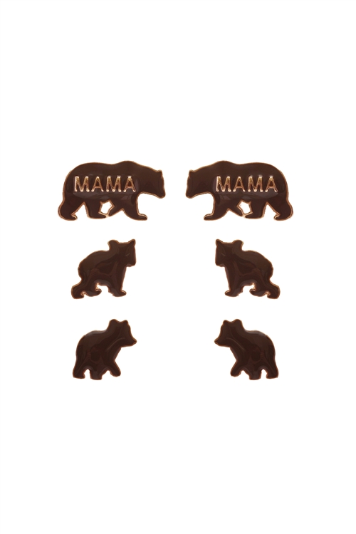 S1-7-3-EE0806GDBRN - METAL EPOXY BEAR 3 PAIR POST EARIINGS-GOLD BROWN/6PCS