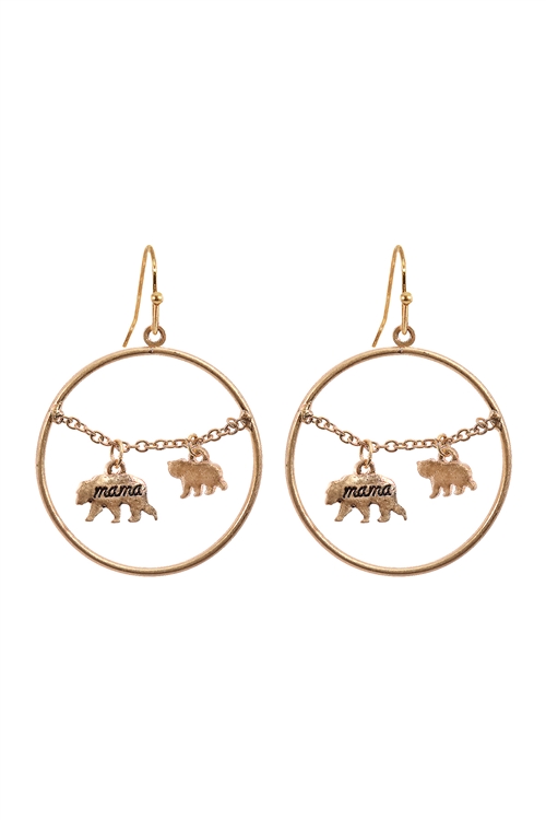 S1-7-3-EE0837WG - MAMA BEAR CHAIN ROUND HOOK  EARRINGS-MATTE GOLD/1PC