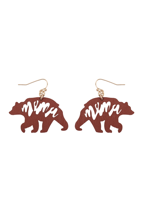 S1-7-3-EE0851WGBRN - LEATHER BEAR MAMA FISH HOOK EARRINGS-MATTE GOLD BROWN/6PCS