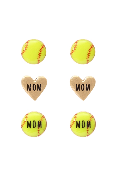 S7-6-1-EE0882WGGRN - EPOXY SPORTS MOM HEART 3 PAIR POST EARRING-MATTE GOLD SOFTBALL/6PCS