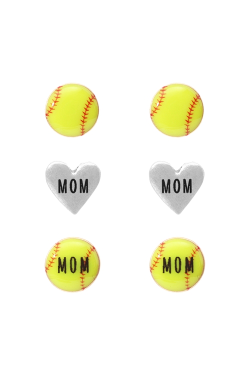 S7-6-1-EE0882WSGRN - EPOXY SPORTS MOM HEART 3 PAIR POST EARRING-MATTE SILVER SOFTBALL/6PCS