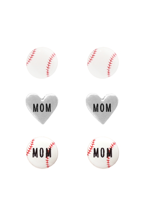 S7-6-1-EE0882WSWHT - EPOXY SPORTS MOM HEART 3 PAIR POST EARRING-MATTE SILVER BASEBALL/6PCS