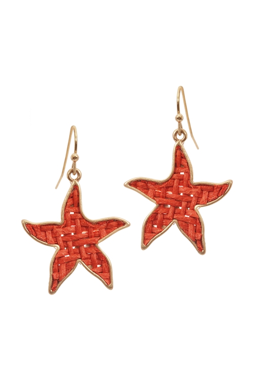 A2-2-2-EE0970WGCRL- STRAW STARFISH SEALIFE HOOK EARRINGS- CORAL/6PCS