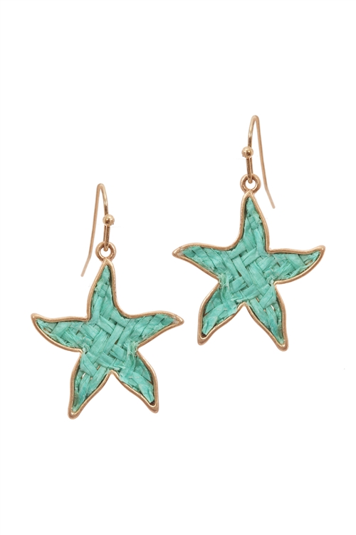 A3-3-4-EE0970WGTQS- STRAW STARFISH SEALIFE HOOK EARRINGS-TURQUOISE/6PCS