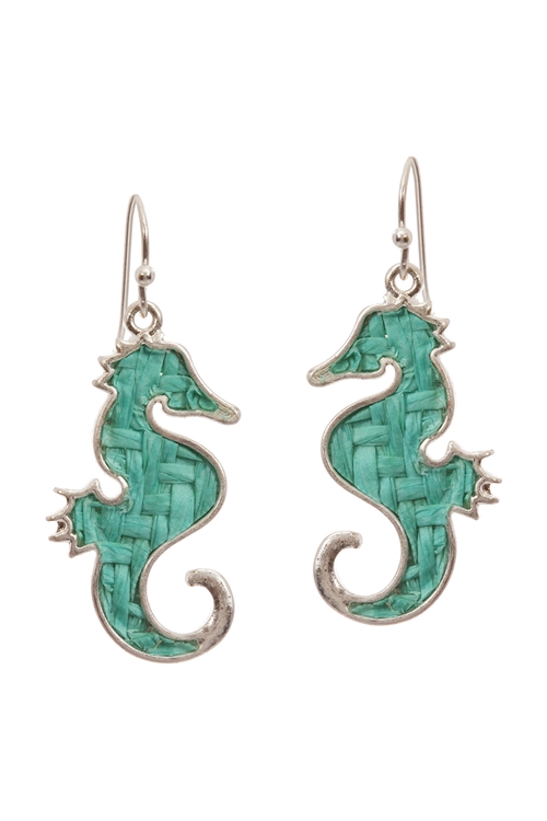 A3-3-4-EE0972WSTQS- STRAW SEALIFE SEAHORSE FISH HOOK EARRINGS-TURQUOISE/6PCS