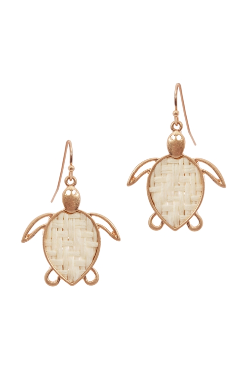 A3-3-3-EE0973WGIVY- STRAW TURTLE SEALIFE FISH HOOK EARRINGS-IVORY/6PCS
