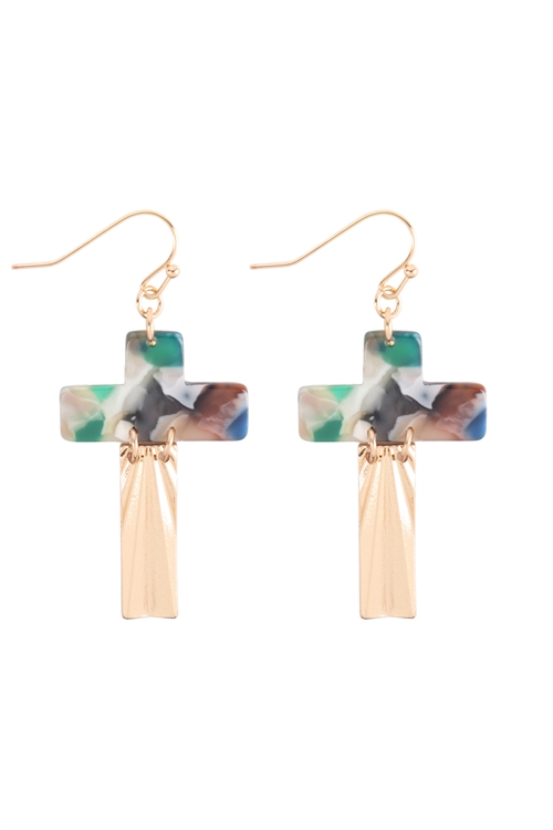 SA3-1-2-EE1094MLT - CROSS HALF ACETATE HALF METAL HOOK EARRINGS - MULTICOLOR/6PCS (NOW $1.25 ONLY!)