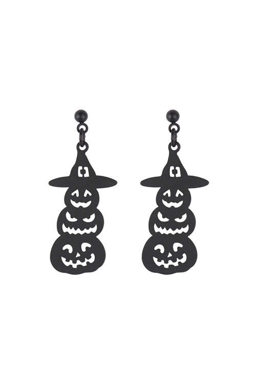 A1-1-3-EE1219BLK - METAL HALLOWEEN PUMPKIN WITCH POST EARRINGS - BLACK/1PC