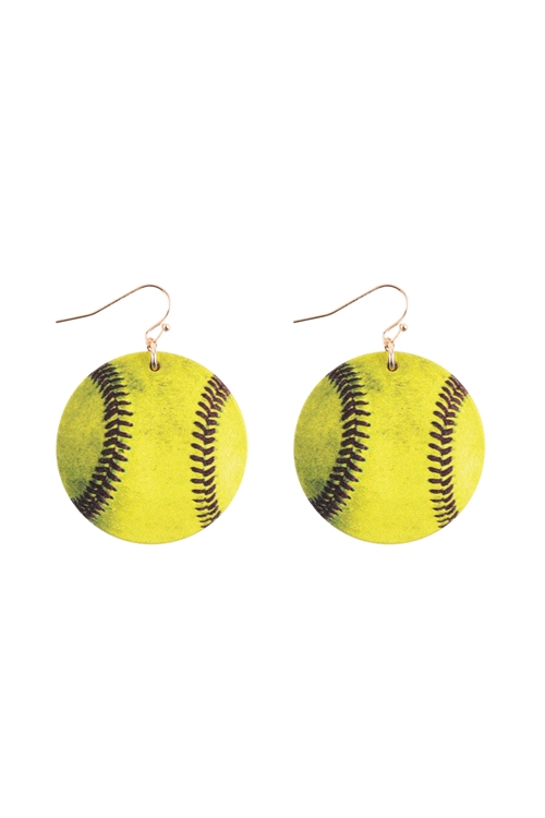 S1-8-4-EE1250YLW - GAMEDAY SOFTBALL  WOOD DANGLE FISH HOOK EARRINGS/6PCS