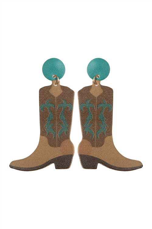 SA4-1-2-EE1305TQ - WESTERN BOOT PU LEATHER EARRINGS-TURQUOISE/1PC (NOW $4.25 ONLY!)