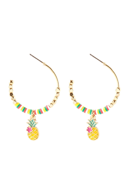 S7-5-5-EE1387GDYEW - METAL FIMO PINEAPPLE FRUIT TROPICAL HOOP EARRINGS-GOLD YELLOW/1PC