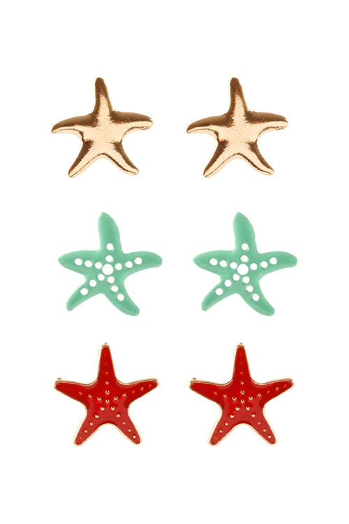 237-H-EE1462GDMLT - STAR FISH SEA LIFE 3 PAIR POST EARRINGS /6PCS