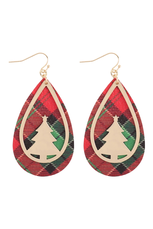 S7-4-5-EE1534GDRED - CHRISTMAS TREE METAL LEATHER LAYERED FISH HOOK EARRINGS - RED/1PC