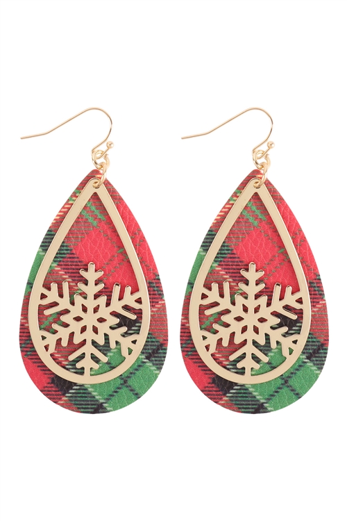 S7-4-5-EE1535GDRED - CHRISTMAS SNOWFLAKE METAL LEATHER LAYERED FISH HOOK EARRINGS - RED/6PCS