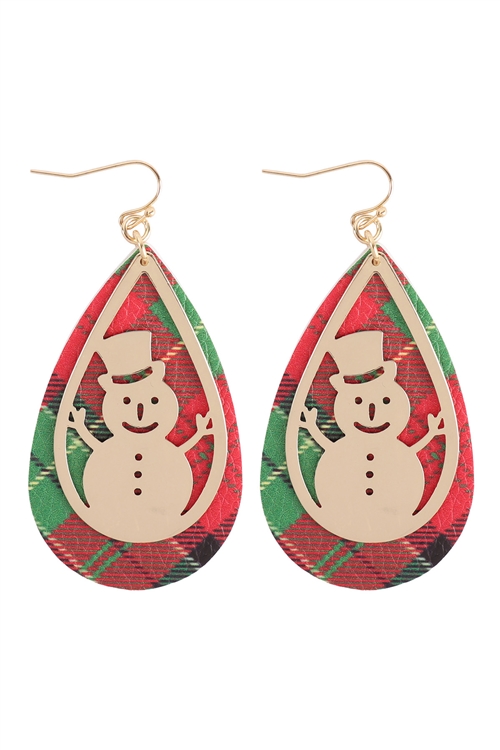 S7-4-5-EE1536GDRED - CHRISTMAS SNOWMAN METAL LEATHER LAYERED FISH HOOK EARRINGS - RED/6PCS