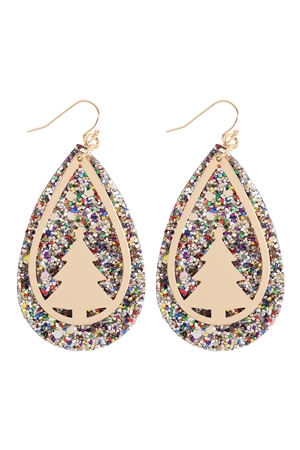 A2-5-1-EE1538GDMLT - GLITTER CHRISTMAS TREE LAYERED TEARDROP EARRINGS - GOLD MULTICOLOR/1PC