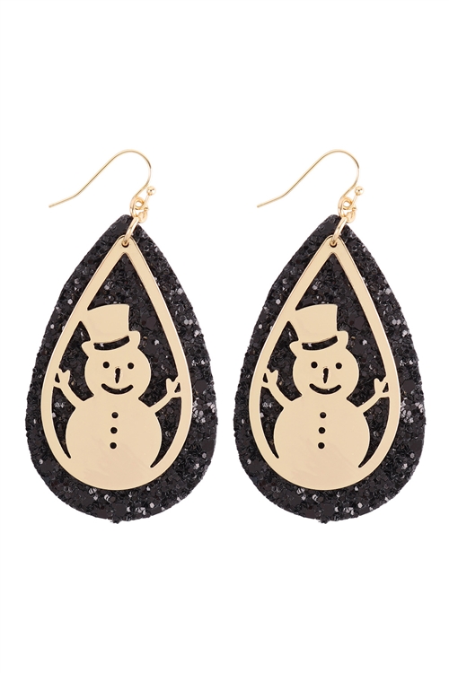 S7-6-5-EE1540GDBLK - GLITTER CHRISTMAS SNOWMAN LAYERED TEARDROP EARRINGS - GOLD BLACK/1PC