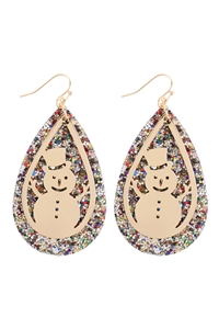 A2-5-2-EE1540GDMLT - GLITTER CHRISTMAS SNOWMAN LAYERED TEARDROP EARRINGS - GOLD MULTICOLOR/1PC