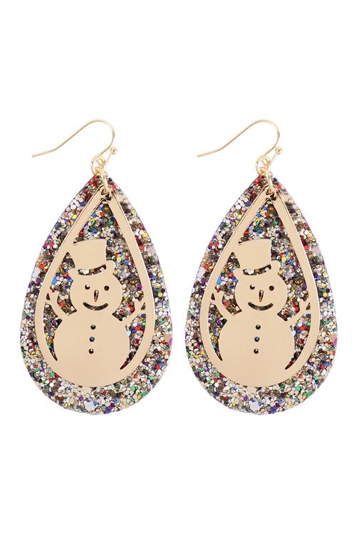 S6-6-3-EE1540GDMLT - GLITTER CHRISTMAS SNOWMAN LAYERED TEARDROP EARRINGS - GOLD MULTICOLOR/1PC
