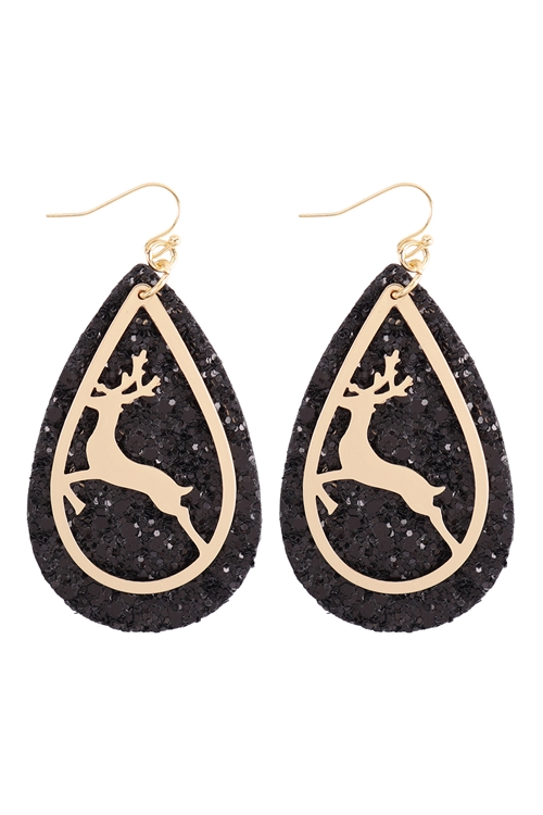 S7-6-5-EE1541GDBLK - GLITTER CHRISTMAS REINDEER LAYERED TEARDROP EARRINGS - GOLD BLACK/6PCS