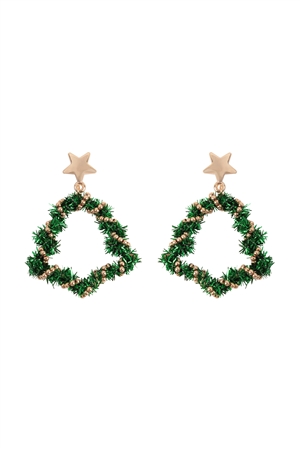 SA3-3-4-EE1778GRN - CHRISTMAS WREATH STAR TINSEL DROP EARRINGS-GREEN/1PC