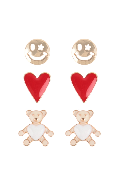 SA4-3-3-EE2009GDRED - HEART EPOXY RHINESTONE TEDDY BEAR SMILEY 3 PAIR VALENTINE EARRINGS - GOLD RED/1PC