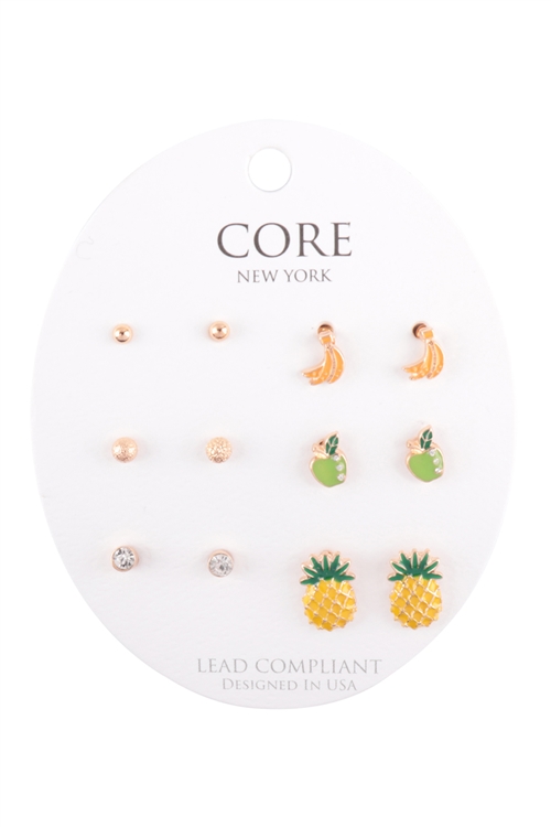 S1-7-4-EE2846GD -  TROPICAL FRUITS  ASSORTED SET STUD EARRINGS - GOLD/1PC