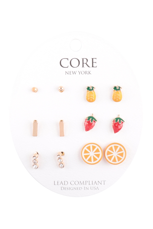 S1-7-4-EE2847GD - TROPICAL FRUITS  ASSORTED SET STUD EARRINGS - GOLD/6PCS