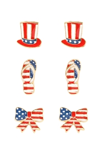 S5-5-4-EE3024GDMLT - HAT, FLIPFLOP, BOW EPOXY 3 PAIR PATRIOT EARRINGS-USA/1PC