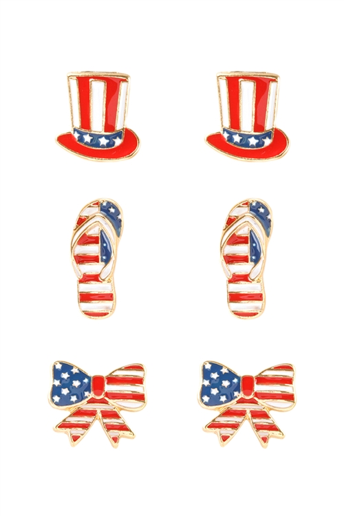 S5-5-4-EE3024GDMLT - HAT, FLIPFLOP, BOW EPOXY 3 PAIR PATRIOT EARRINGS-USA/1PC