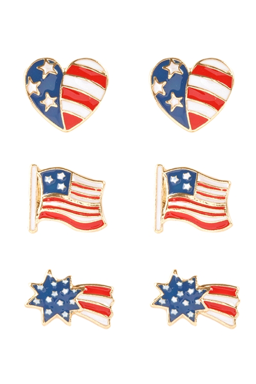 S5-5-4-EE3026GDMLT - HEART, STAR, FLAG EPOXY 3 PAIR PATRIOT EARRINGS-USA/6PCS