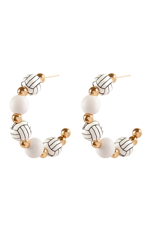 S22-13-4-EE3456GDWHT - VALLEYBALL SPORTS GAMEDAY WOOD BEAD HOOP EARRINGS-WHITE/6PCS