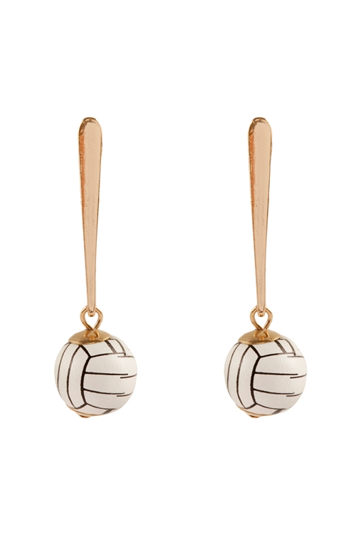 S1-6-4-EE3458GDWHT - VALLEYBALL SPORTS GAMEDAY METAL WOOD DROP EARRINGS-WHITE/6PCS