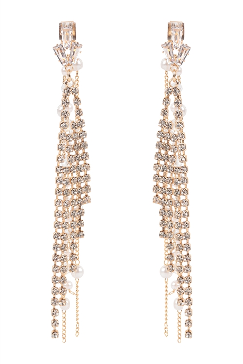 A1-2-1-EEA448GDCRY - PEARL RHINESTONE FRINGE FRONT BACK CHAIN DROP EARRINGS-GOLD CRYSTAL/1PC