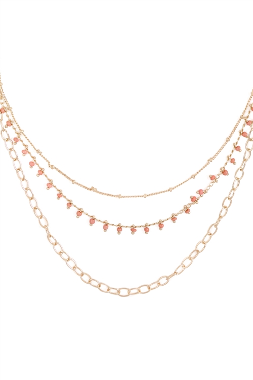 S24-6-2-ENA008GDPNK - THREE LAYERED CHAIN DAINTY BEADS NECKLACE-PINK/6PCS