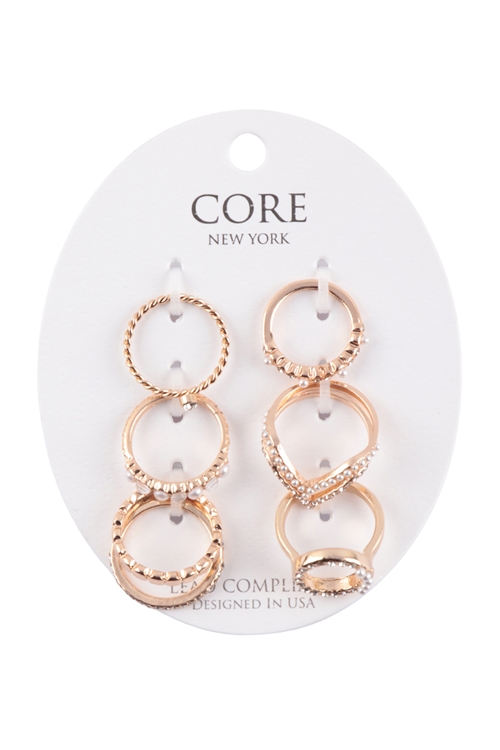 S22-13-4-ER4448GD - PEARL TEXTURED ROUND MULTI STACKABLE RING SET/6PCS