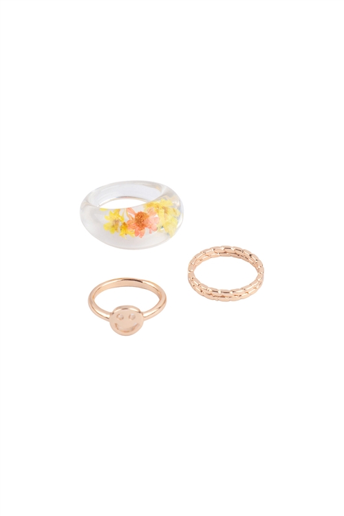 S5-4-3-ERA054GDMLT - SMILE BRASS, FLOWER RESIN  3 PCS RING SET - GOLD MULTICOLOR/6PCS (NOW $2.00 ONLY!)