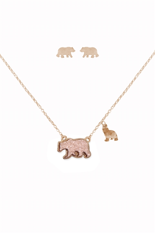 S1-5-4-ES1628WGRG - DRUZY METAL BEAR PENDANT NECKLACE AND EARRINGS SET-MATTE ROSE GOLD/6PCS