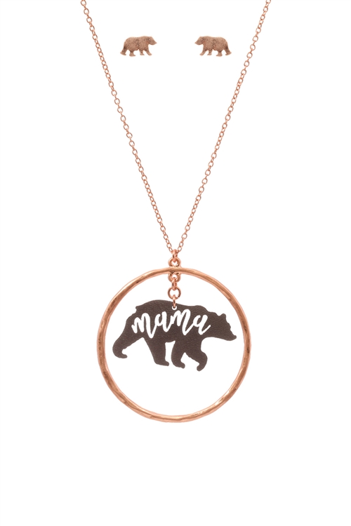S1-7-3-ES1636RGHMT - LEATHER BEAR METAL PENDANDT NECKLACE AND EARRINGS SET-MATTE ROSE GOLD HEMATITE/1PC