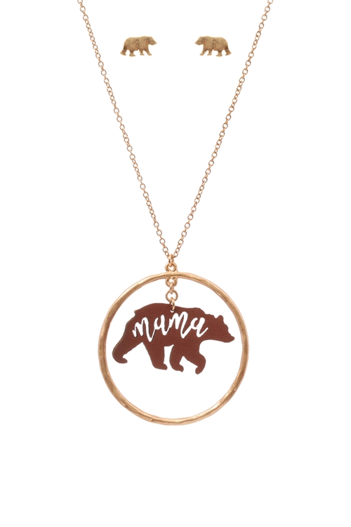 S1-7-3-ES1636WGBRN - LEATHER BEAR METAL PENDANDT NECKLACE AND EARRINGS SET-MATTE GOLD BROWN/1PC