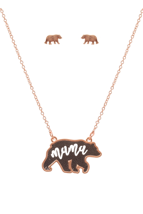 S1-7-3-ES1637RGHMT - LEATHER BEAR METAL CHAIN PENDANT NECKLACE AND EARRING SET-ROSE GOLD HEMATITE/1PC