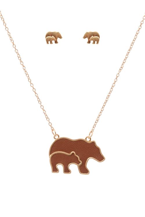 S1-5-4-ES1638WGBRN-LEATHER MAMA BEAR & CUBS METAL PENDANDT NECKLACE AND EARRINGS SET-MATTE GOLD BROWN/6PCS